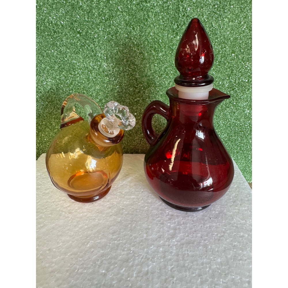 Vintage Avon Ruby Red Glass Cruet‎ and Amber Glass Cruet with Stoppers Set of 2
